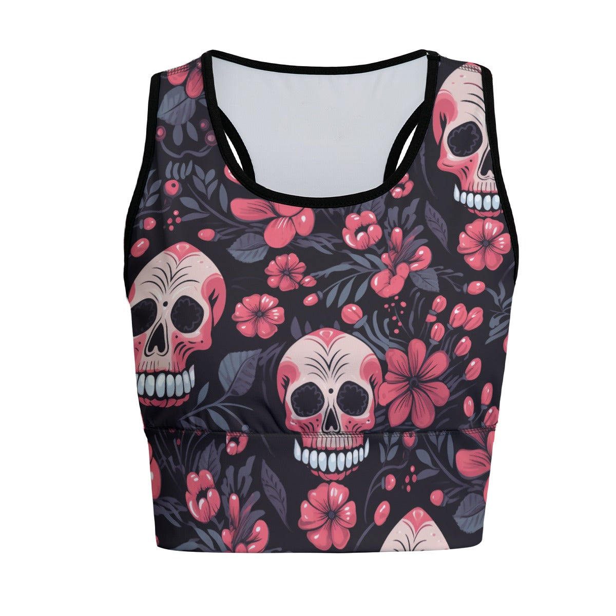 Women's Pink Flowers &amp; Skulls Sports Bra