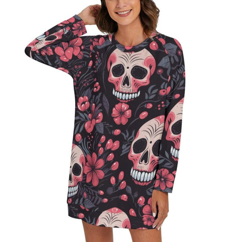 Women's Skulls Pink Flowers Round Neck Raglan Sleeve Sweater