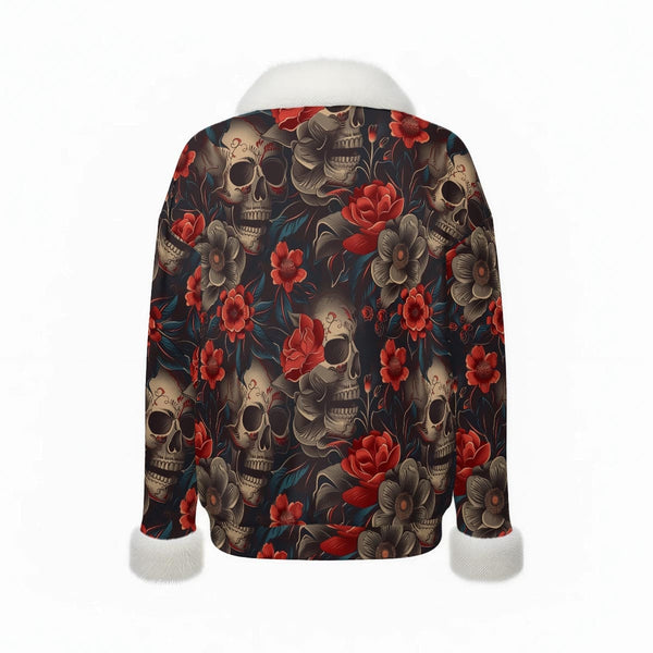 Women's Red Roses And Skulls V-Neck Sweater With Fir Trim