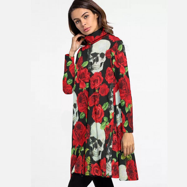 Women's Skulls Red Roses High Neck Dress With Long Sleeve