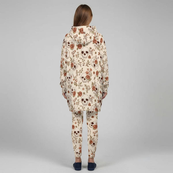 Women's Beigh Brown Skulls Floral Stretch Hoodie & Leggings Set