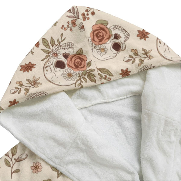 Women's Boho Skulls With Roses & Daisies Flannel Hooded Bathrobe