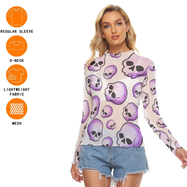 Women's Purple Skulls Mesh Long Sleeve Top