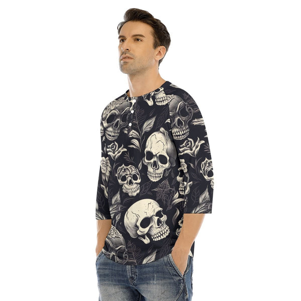 Men's Black With Skulls Long Sleeve T-shirt With Button Closure