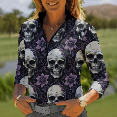 Women's Purple Floral Skulls Quarter Zip Long Sleeve Sport Top