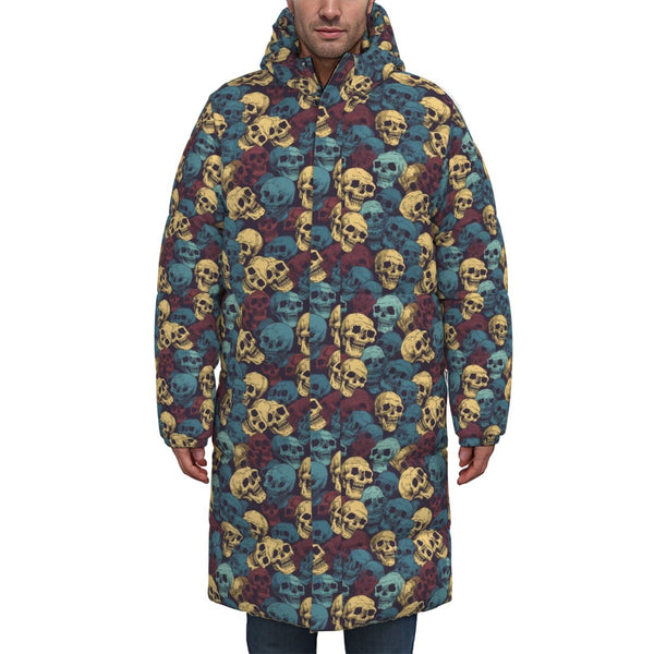 Skulls On Blue Unisex Long Down Jacket