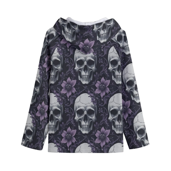 Women's Purple Floral Skulls Lapel Hoodie with Pocket