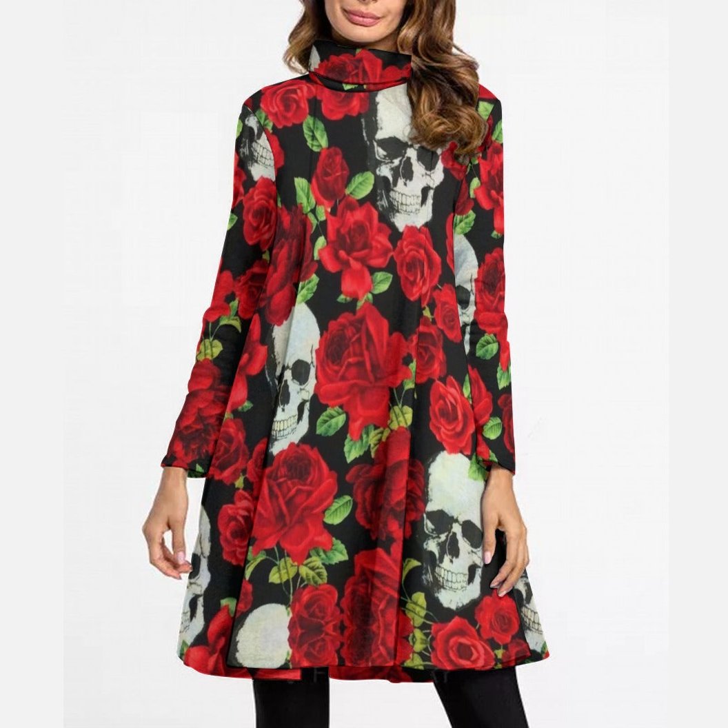 Women's Skulls Red Roses High Neck Dress With Long Sleeve