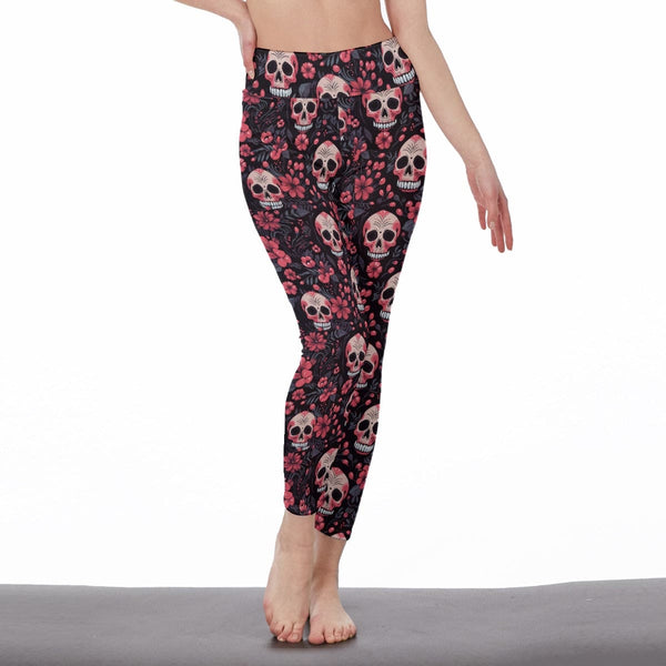 Get ready to make a statement in our Women's Pink Floral Skulls High Waist Leggings!