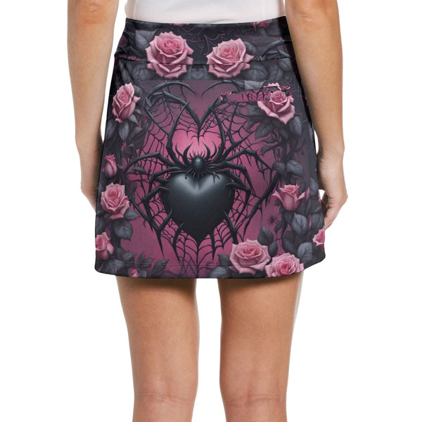 Women's Gothic Pink Roses With Black Spider Middle-Waisted Skorts