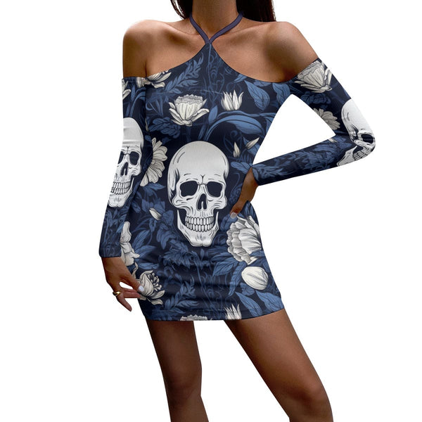 Women's Skulls Flowers Blue Halter Lace-up Off Shoulder Dress