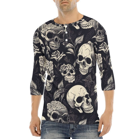 Men's Black With Skulls Long Sleeve T-shirt With Button Closure