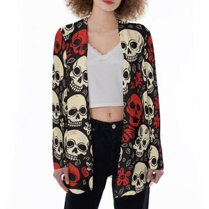 Women's Red White Skulls Sweater With Pocket