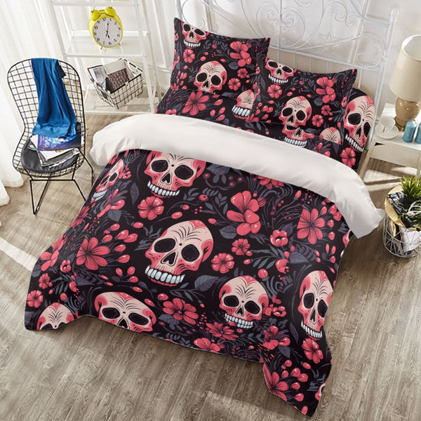 Pink Skulls And Flowers Four-piece Duvet Cover Set