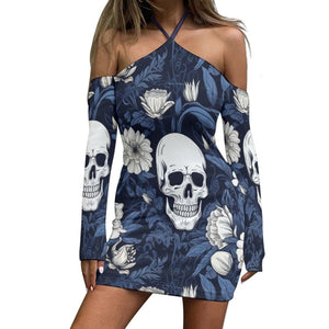 Women's Skulls Flowers Blue Halter Lace-up Off Shoulder Dress
