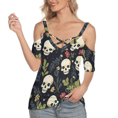 Women's Skull Jungle Cold Shoulder T-shirt With Criss Cross Strips