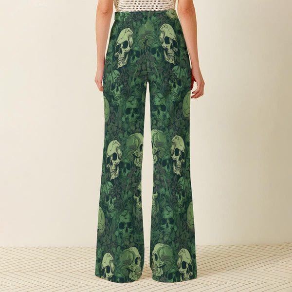 Women's Green Floral Skulls Wide Leg Pants