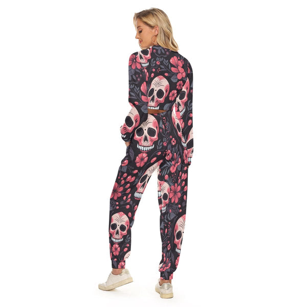 Add Some Flair to Your Wardrobe With Our Women's Skulls & Pink Flower Crop Sweatshirt Set.