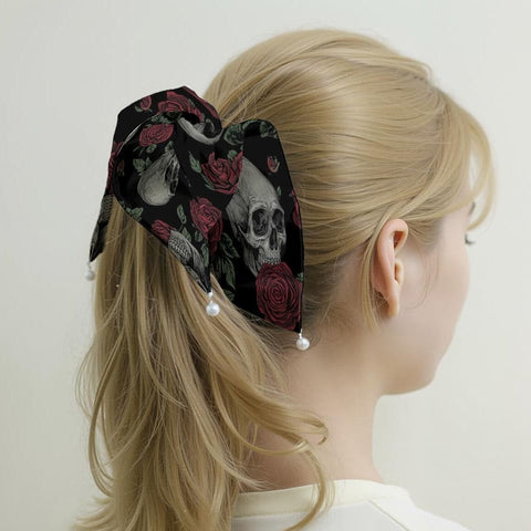 Skulls With Red Roses Satin Pearl Hair Tie