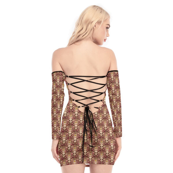 Women's Brown Skulls Off-shoulder Back Lace-up Dress Everything Skull Clothing Merchandise and Accessories Women's Brown Skulls Off-shoulder Back Lace-up Dress Everything Skull Clothing Merchandise and Accessories