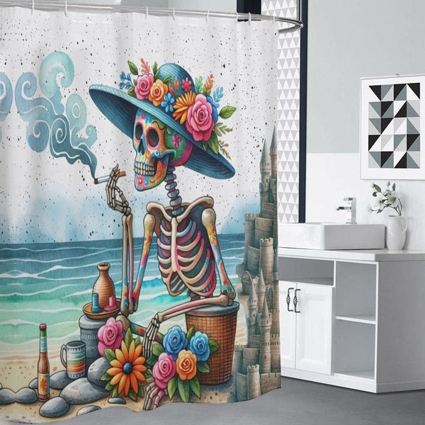 Skeleton On The At The Beach Shower Curtain