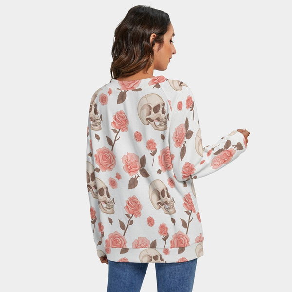 Women's Skulls & Pink Roses V-neck Sweater With Long Sleeve