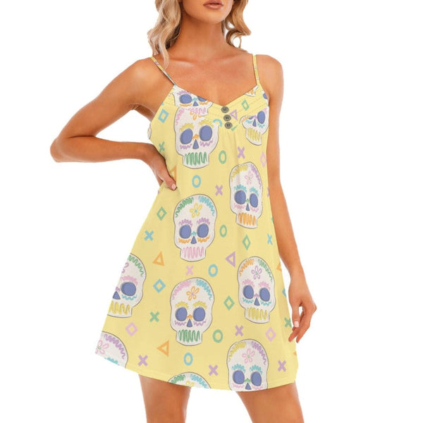 Womem's Yellow Skulls Print V-neck Sleeveless Cami Dress