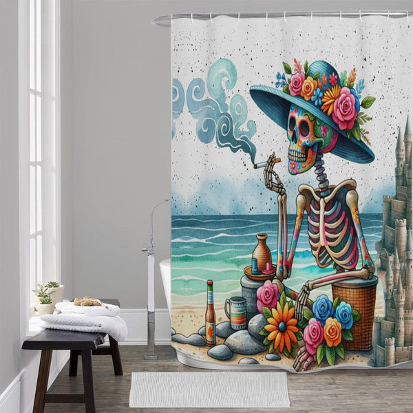 Skeleton On The At The Beach Shower Curtain