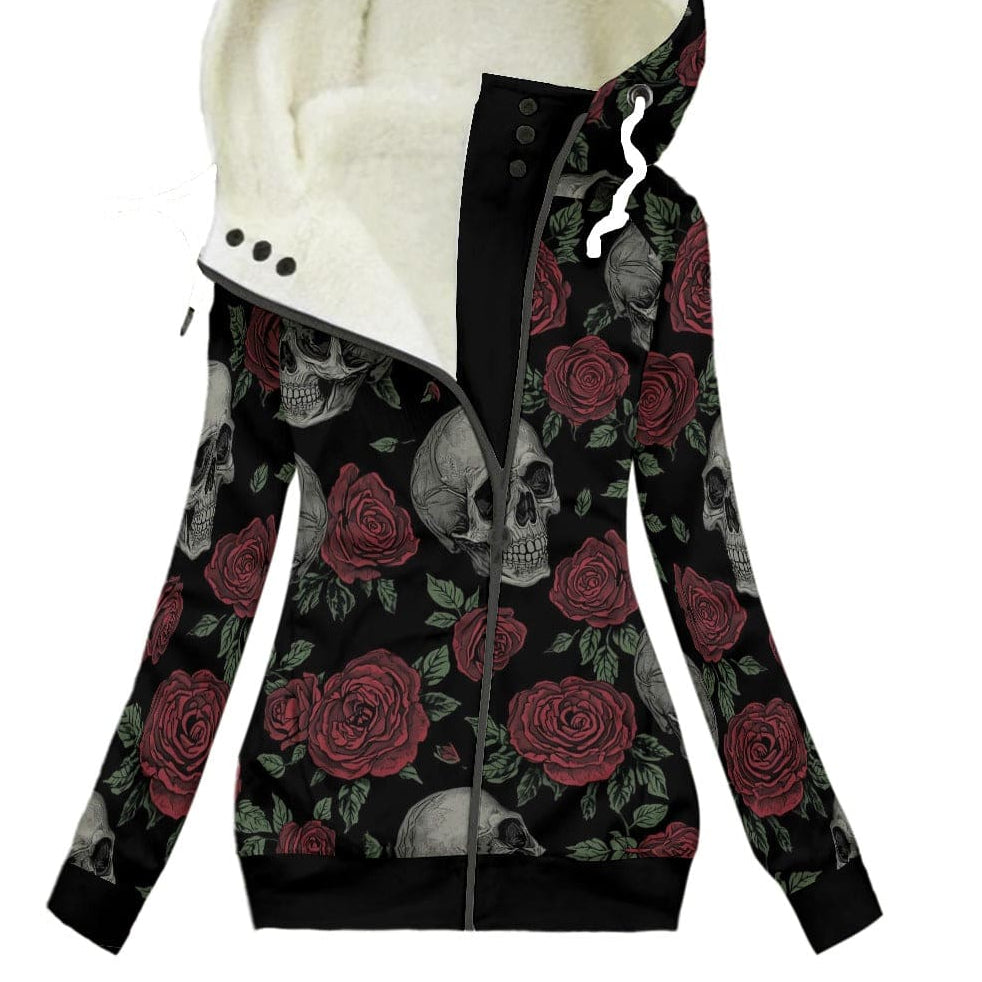 Women's Skulls And Red Roses Long Jacket With Fleece Lining