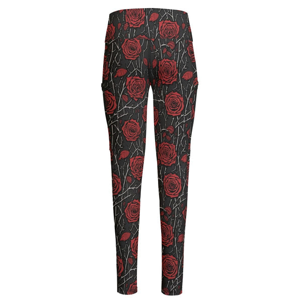 Gothic Red Roses Functional Women's Yoga Leggings With Side Pockets