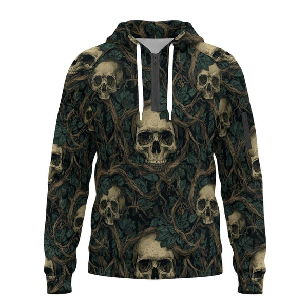 Men’s Vines Interrwined With Skulls Fleece Half-Zip Hoodie With Arm Pockets