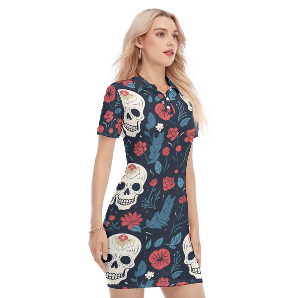 Women's Skull Red Blue Floral Polo Collar Dress