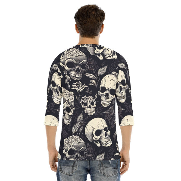 Men's Black With Skulls Long Sleeve T-shirt With Button Closure