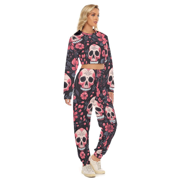 Add Some Flair to Your Wardrobe With Our Women's Skulls & Pink Flower Crop Sweatshirt Set.