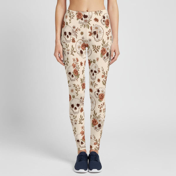 Women's Beigh Brown Skulls Floral Stretch Hoodie & Leggings Set