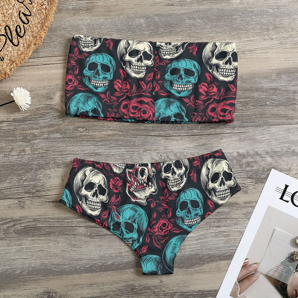 Women's Blue Skulls Strapless 2 Piece Bikini Swimsuit