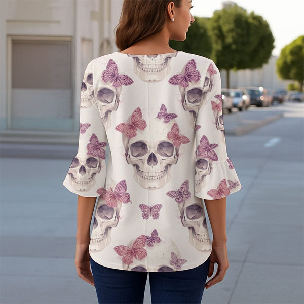 Women's Skulls & Butterflies Blouse With 3/4 Sleeve