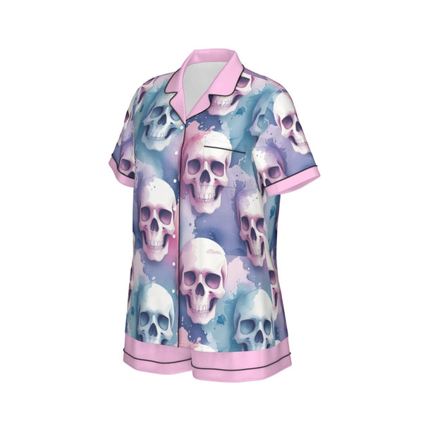 Women's Purple Blue Skulls With Short Sleeve Pajama Set