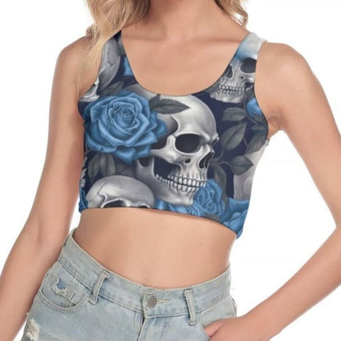 Women's Blue Roses & Skulls Crop Tank Top
