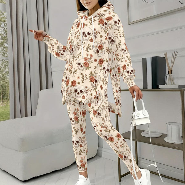 Women's Beigh Brown Skulls Floral Stretch Hoodie &amp; Leggings Set