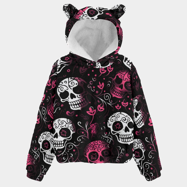 Pink White Skulls Kid’s Borg Fleece Sweatshirt With Ears