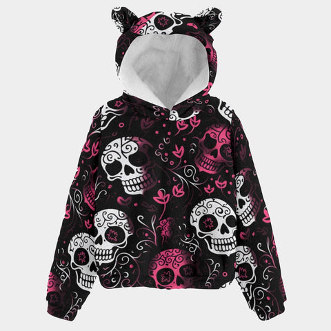 Pink White Skulls Kid’s Borg Fleece Sweatshirt With Ears