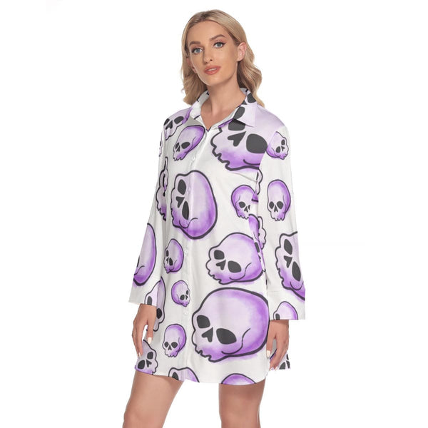 Women's Purple Skulls Lapel Shirt Dress With Long Sleeve