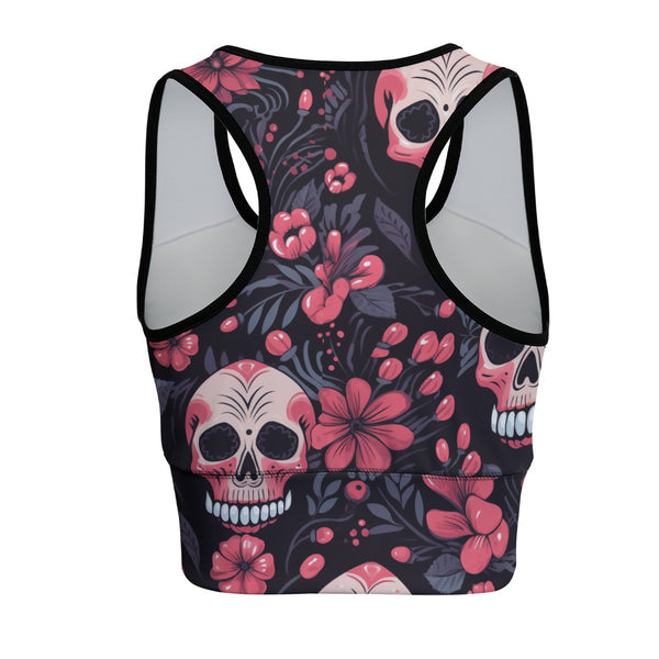 Women's Pink Flowers & Skulls Sports Bra