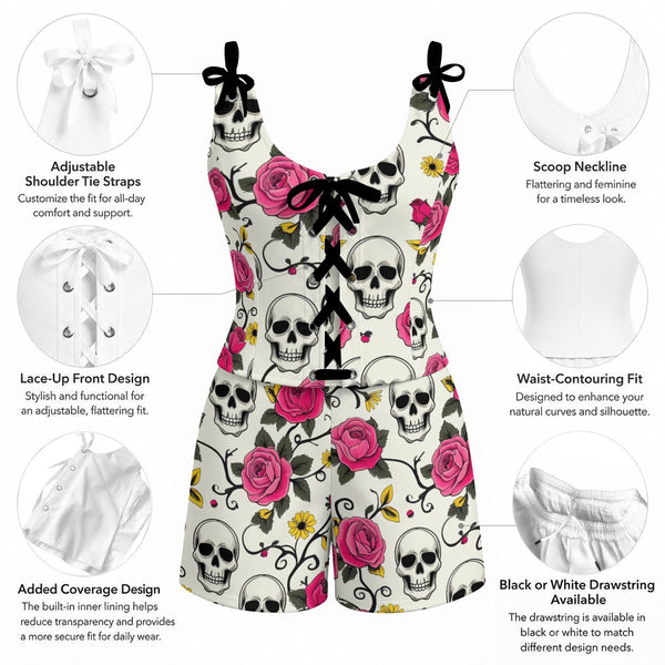Edgy Romance Two-Piece Set: Skull Roses Shorts & Top