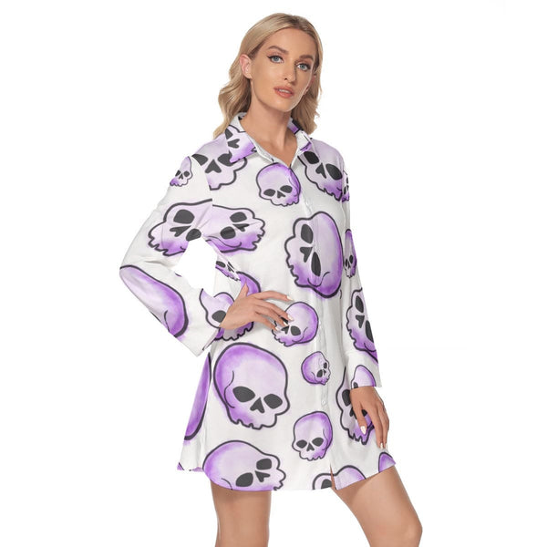 Women's Purple Skulls Lapel Shirt Dress With Long Sleeve