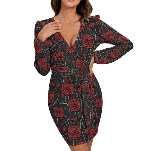 Women's Gothic Red Rose Vine Long Sleeve Dress With Waist Belt