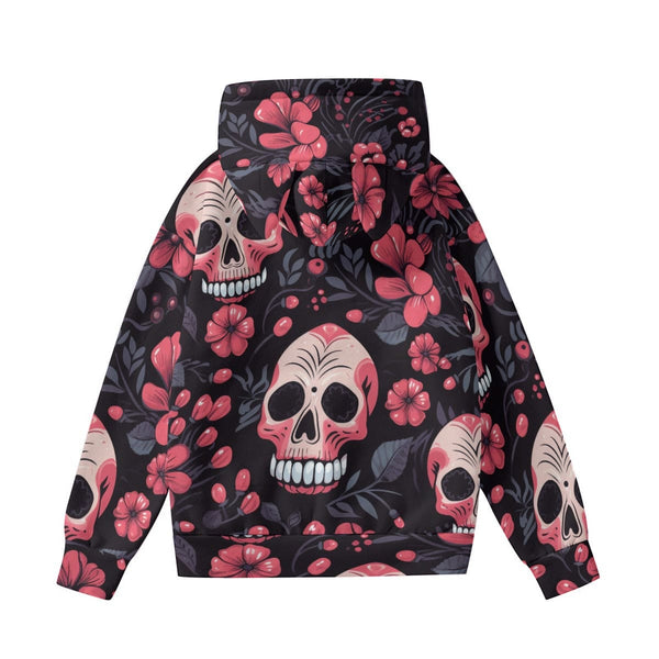 Women’s Pink Skulls & Flowers Hoodie With Decorative Ears