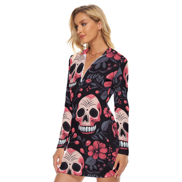 Women's Pink Floral Skull Zip Front Bodycon Long Sleeve Dress