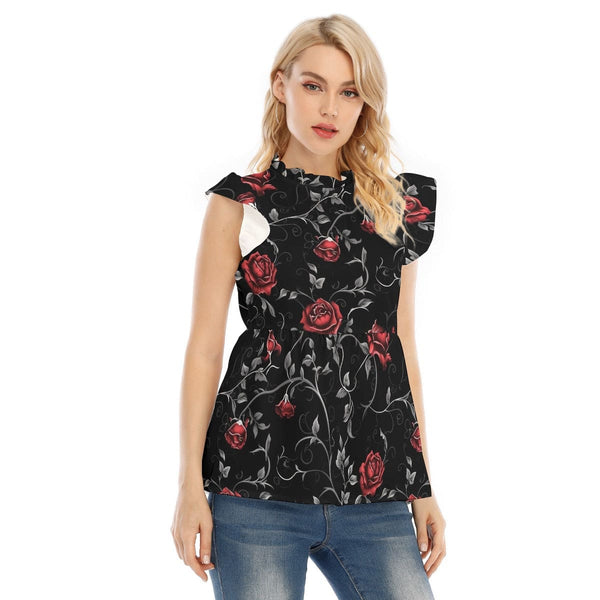Women's Gothic Red Roses & Vines Blouse With Lotus Leaf Lace